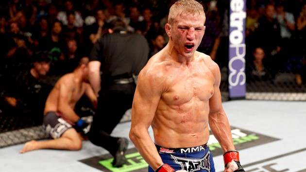 SACRAMENTO, CA - AUGUST 30:  T.J. Dillashaw celebrates after his knockout victory over Joe Soto in their UFC bantamweight championship bout during the UFC 177 event at Sleep Train Arena on August 30, 2014 in Sacramento, California.  (Photo by Josh Hedges/Zuffa LLC/Zuffa LLC via Getty Images)