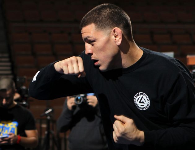 LAS VEGAS, NV - FEBRUARY 01:  Nick Diaz works out for the media and fans during the UFC 143 open workouts at Mandalay Bay Events Center on February 1, 2012 in Las Vegas, United States.  (Photo by Josh Hedges/Zuffa LLC/Zuffa LLC via Getty Images) *** Local Caption *** Nick Diaz