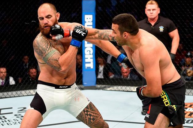 CLEVELAND, OH - SEPTEMBER 10: (R-L) Fabricio Werdum of Brazil punches Travis Browne in their heavyweight bout during the UFC 203 event at Quicken Loans Arena on September 10, 2016 in Cleveland, Ohio. (Photo by Josh Hedges/Zuffa LLC/Zuffa LLC via Getty Images)