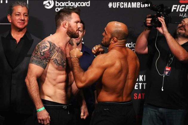 HAMBURG, GERMANY - SEPTEMBER 02: Ilir Latifi of Sweden and Ryan Bader of the USA come face to face during the UFC Fight Night Weigh-in held at Barclaycard Arena on September 2, 2016 in Hamburg, Germany. Andrei 'The Pit Bull' Arlovski and Josh 'The Warmaster' Barnett will fight in the main event on Saturday the 3rd of September, 2016 in this location. (Photo by Dean Mouhtaropoulos/Zuffa LLC/Zuffa LLC via Getty Images)