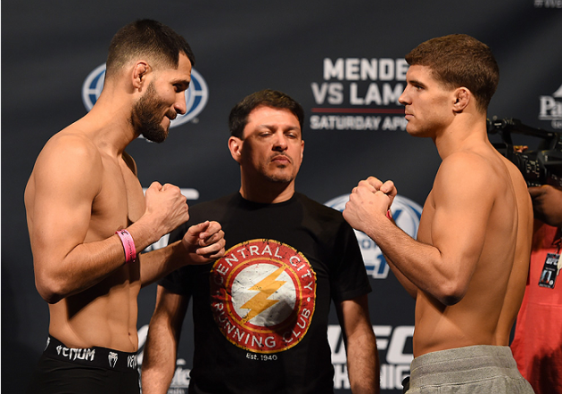 FAIRFAX, VA - APRIL 03: (L-R) Opponents Jorge Masvidal of Cuba and Al Iaquinta face off during the UFC weigh-in at the Patriot Center on April 3, 2015 in Fairfax, Virginia. (Photo by Josh Hedges/Zuffa LLC/Zuffa LLC via Getty Images)