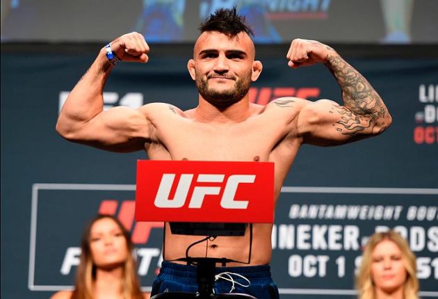 PORTLAND, OR - SEPTEMBER 30: John Lineker of Brazil steps onto the scale during the UFC Fight Night weigh-in at the Oregon Convention Center on September 30, 2016 in Portland, Oregon. (Photo by Josh Hedges/Zuffa LLC/Zuffa LLC via Getty Images)