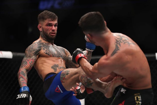 LAS VEGAS, NV - DECEMBER 30: (L-R) Cody Garbrandt kicks Dominick Cruz in their UFC bantamweight championship bout during the UFC 207 event on December 30, 2016 in Las Vegas, Nevada. (Photo by Christian Petersen/Getty Images)