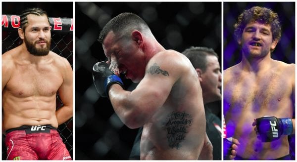 Jorge Masival, Colby Covington, Ben Askren (© Stephen R. Sylvanie-USA TODAY Sports)