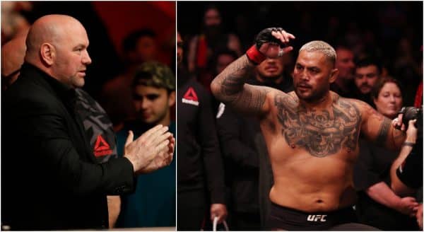 Mark Hunt tar heder och ära av Dana White. Foto: Raj Mehta, James Elsby-USA TODAY Sports