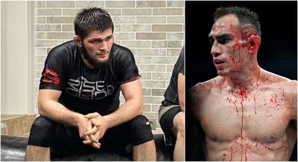 Khabib Nurmagomedov Tony Ferguson (© Stephen R. Sylvanie-USA TODAY Sports)