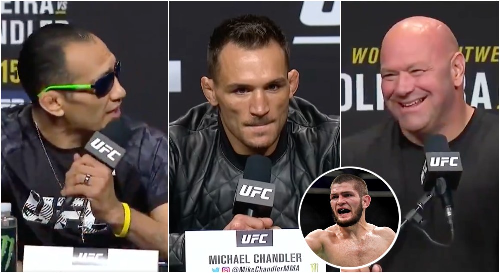 Tony Ferguson Michael Chandler Dana White Khabib (UFC Screenshot + ©Sylvanie-USA TODAY Sports)