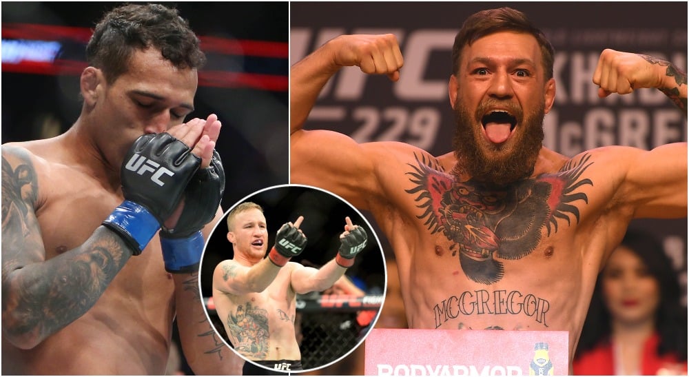 Charles Oliveira Conor McGregor (© Stephen R. Sylvanie+© Jerry Lai-USA TODAY Sports)