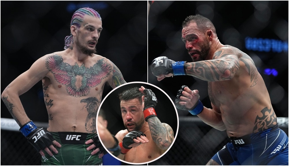 Sean O’Malley, Pedro Munhoz, Santiago Ponzinibbio. Foto_ © Stephen R. Sylvanie-USA TODAY Sports